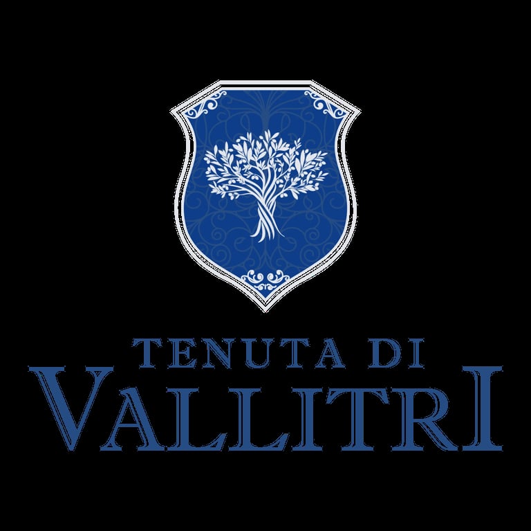 Tenuta di Vallitri logo featuring a blue shield with white tree emblem and text below on black background
