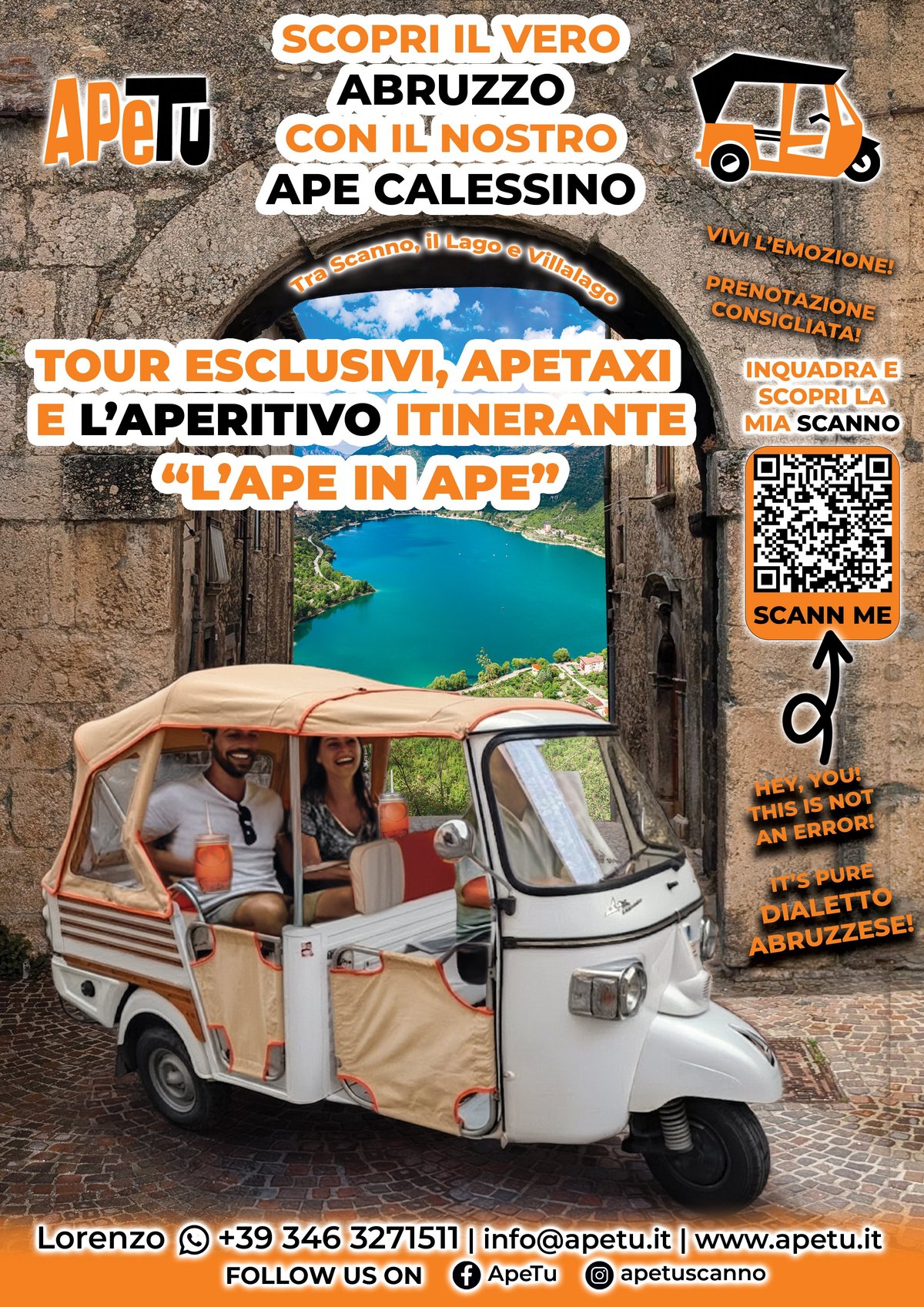 Italian Ape taxi tour advertisement showing a white and beige three-wheeled vehicle with passengers, scenic coastal archway view, and booking information