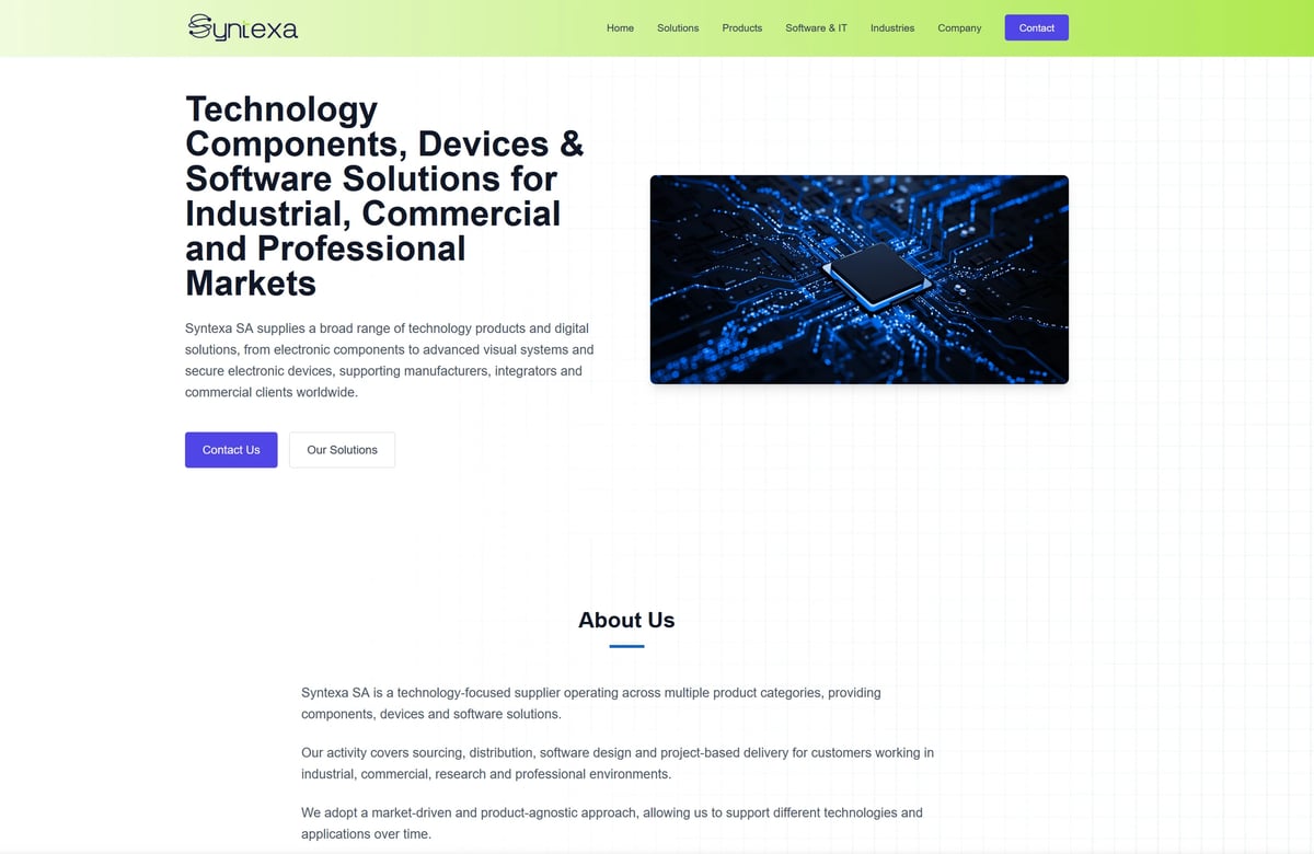 Synexa website homepage showing company branding and information about technology components, devices, and software solutions for industrial markets